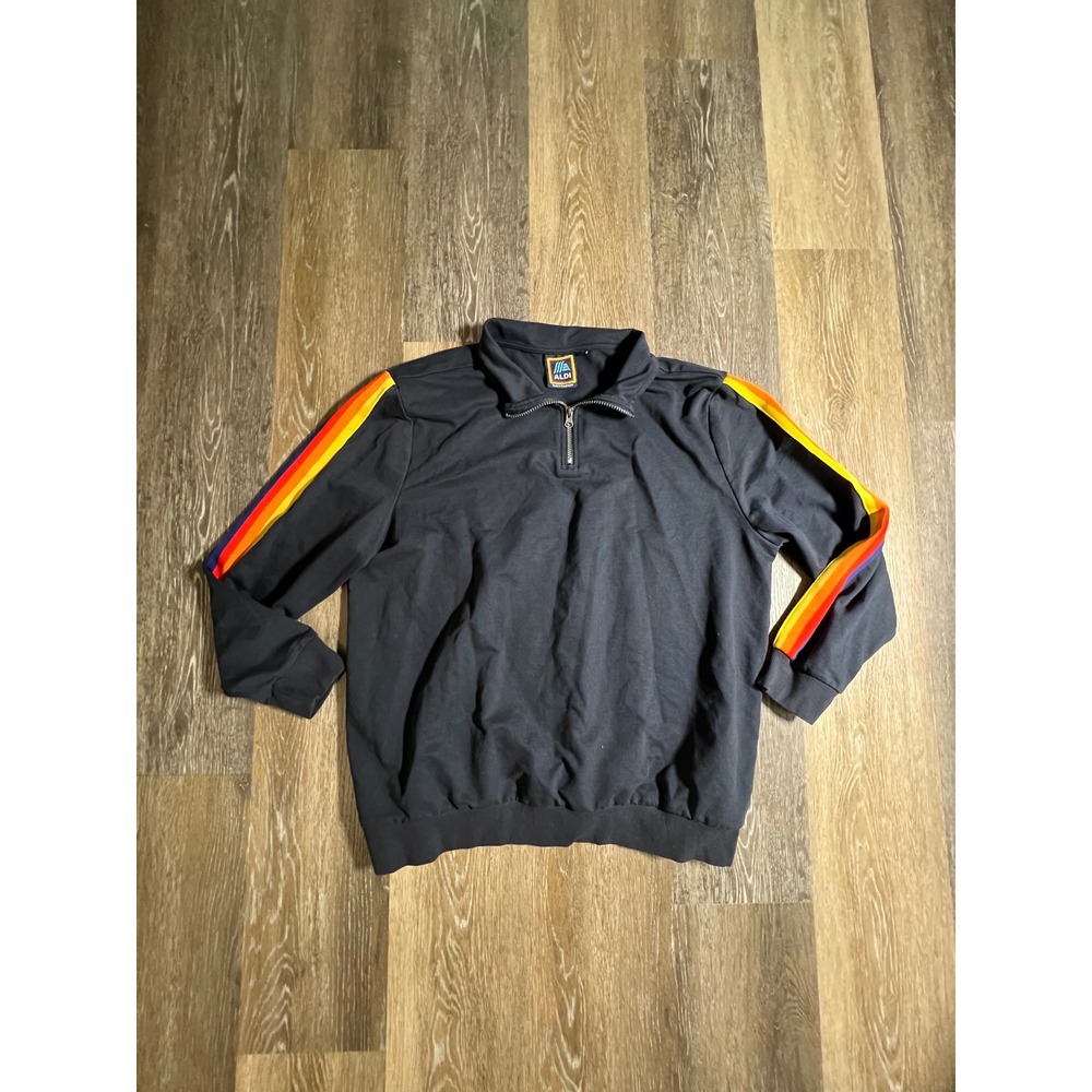 Aldi Quarter Zip Sweatshirt Mens XL Navy Blue Excellent Rainbow Stripe Retro